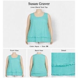 Susan Graver Womens Plus 3X Linen Blend Tank Top Aqua Two Tiered Frayed Hem NWT